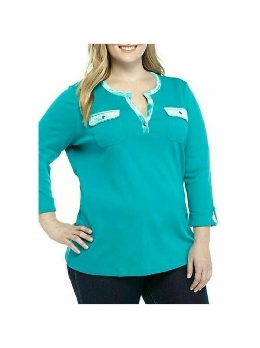 𝅺kim Rogers Blue Velvet Trim Split Neck Long Sleeve Jersey Top Plus Size 1X NWT